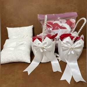 Flower Girl Baskets And Ring Bearer Pillows Set With Red And White Petals 2/each